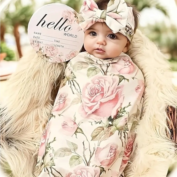 Floral Baby Swaddle and Headband Set - Picture 1 of 4